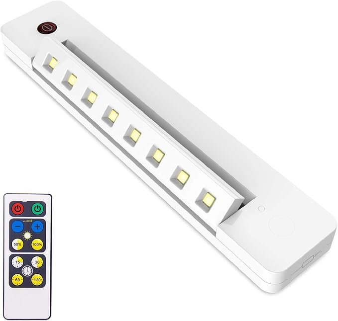 BIGLIGHT Under Counter Light Battery Operated, Dimmable Closet Light with Remote and Timer, Wireless Under Cabinet Lighting, Stick on Lights for Pantry Wardrobe Shelf, Warm White, 10 Inch