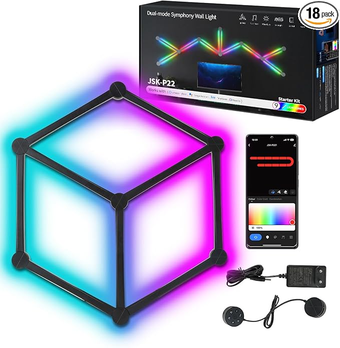 RGBIC Smart WiFi Glide Wall Light, Compatible with Alexa and Google Assistant, 16M+ Colors, Music Sync, Gaming Room Decor Lights(9 Black Lines Light)