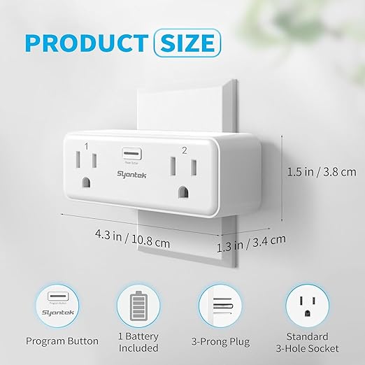 Remote Control Outlet with 2 Independent Control Sockets, Wireless Remote Light Switch Set, Remote Outlet Plug Up to 100 FT Range, 15A/1875W, White (1 Outlet + 1 Remote)