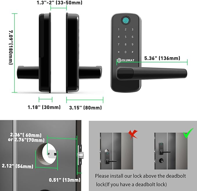 Smart Door Lock, OLUMAT Keyless Entry Door Lock Fingerprint Door Lock with Keypad Digital Lock with Handle for Home, Rental, Garage, Office and Hotel