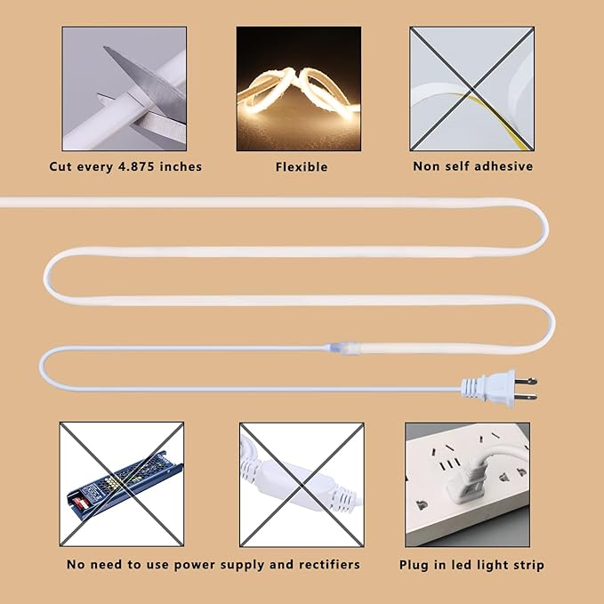 AC 110V COB LED Strip Lights 98.4ft, 3000K Warm White LED Rope Light Outdoor Waterproof, 10W/M CRI 90+ Flexible Cuttable, for Bedroom, Living Room, Garden, Commercial, House
