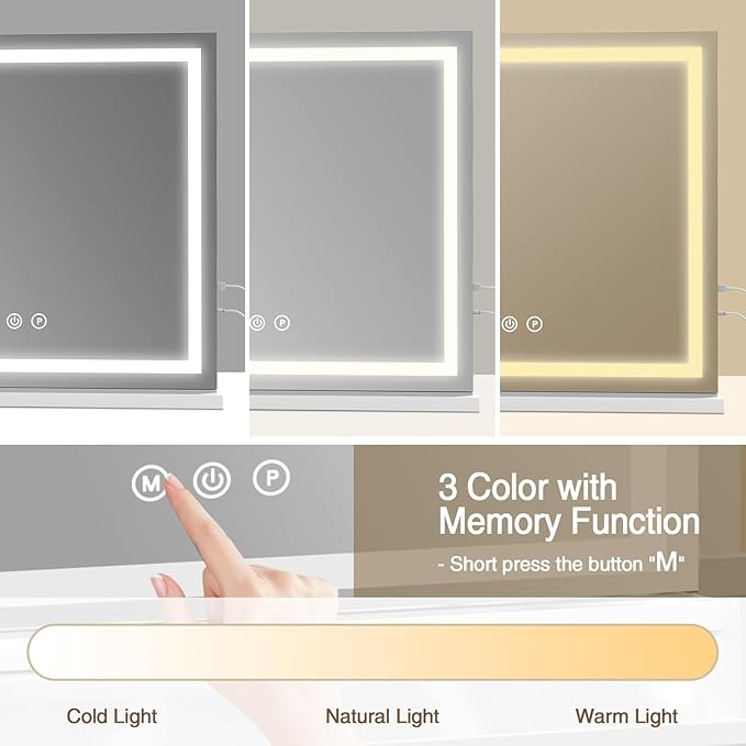 Large Lighted Vanity Mirror, 23" x 19" Light Up Make up Mirror with Smart Touch 3 Colors Dimmable, Tabletop or Wall-Mounted, Memory Function