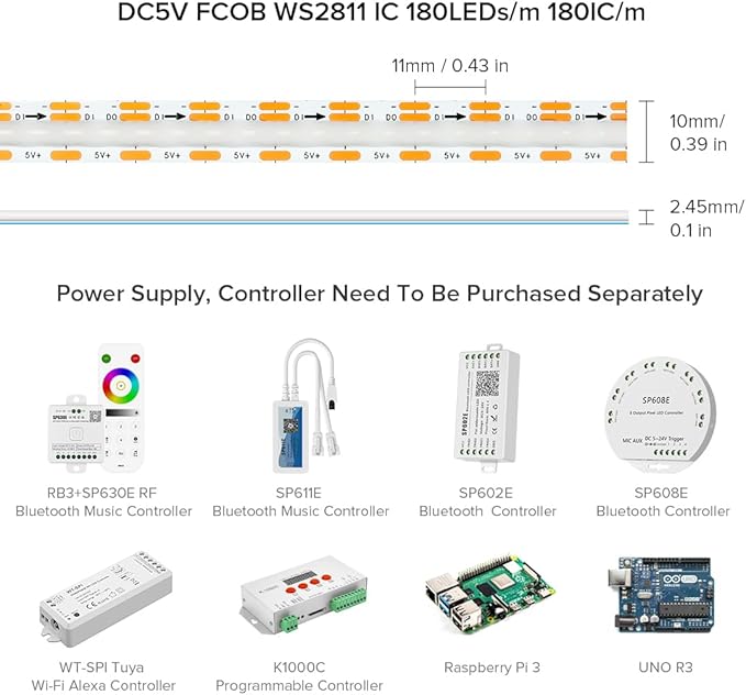 BTF-LIGHTING FCOB COB WS2811(WS2812B) IC RGB 180LED/m 540IC LED Strip DC5V 9.8FT Individual Addressable Flexible High Density Uniform Light Dream Chasing Color 10mm Width(NO Adapter or Controller)