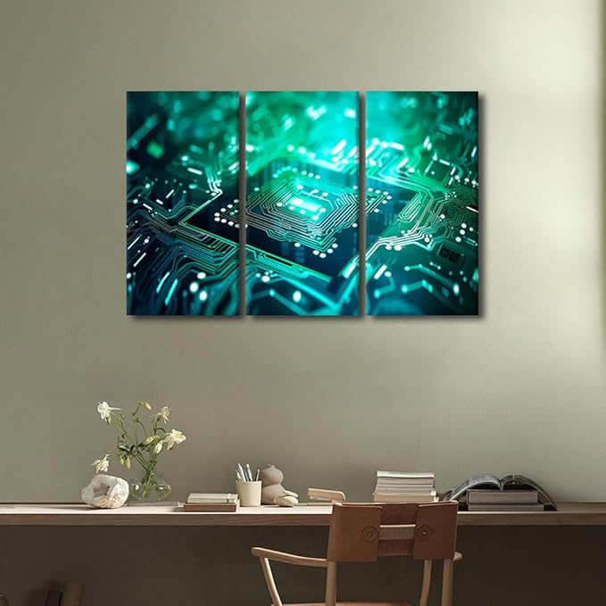 TUMOVO Semiconductor Chip Wall Pictures for Living Room Wall Decoration Chip Wall Art Large Wall Decor Circuit Board Canvas Wall Art 3 Pieces Artwork Wall Decor Framed Ready to Hang, 36" Wx24 H