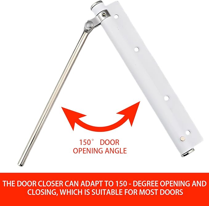 Automatic Door Closer, Adjustable Speed Self-Closing Door Latch for Home & Commercial Use, 150-Degree Opening Angle, Stainless Steel with Screws, Wrench, Force Arm