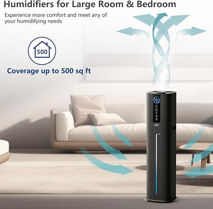KZF 9L Smart Humidifiers for Bedroom Large Room, 2.3Gal Cool Mist Top Fill Diffuser App & Remote Control, 3 Mist Modes, Quiet Humidifier for Home Office Plant (9L Black App)