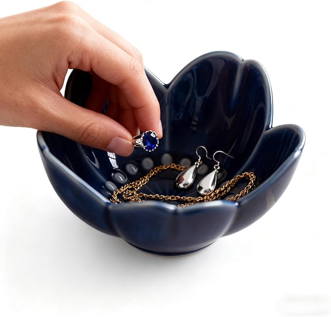 Blue Flower Ring Dish Jewelry Tray, Ceramic Jewelry Dish, Small Trinket Tray, Nightstand Bathroom Decor Ring Holder, Jewlery Plate Bowl for Christmas Friendship Birthday Gifts for Women Mom