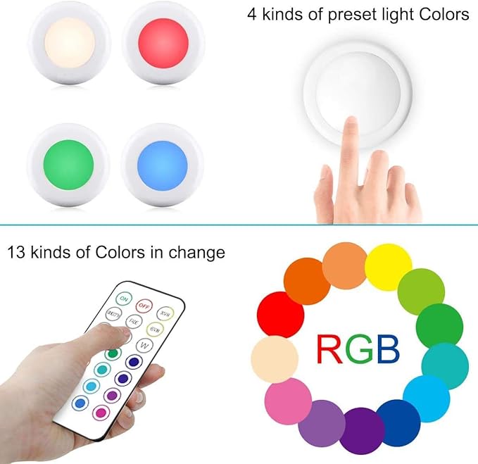 Cadrim Puck Lights, 13 Colors Changeable LED Puck Lightings, Battery Powered Dimmable Under Cabinet Lights, Battery Operated Lights with 1 Remote Controls for Kitchen(3 Pack)