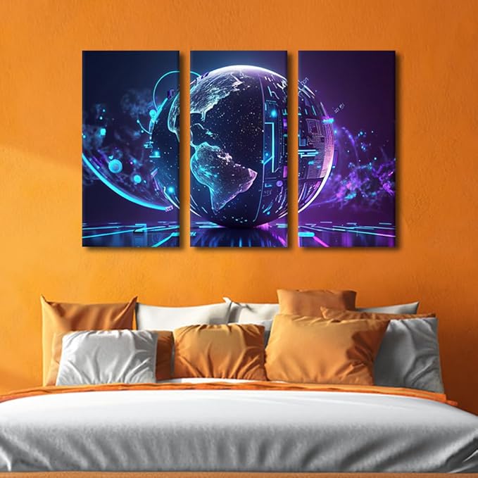 TUMOVO 3 Pieces Wall Art for Living Room, Neon Colorful Global World in Cyber Space Prints for Home Wall Decor, Cyber Space Posters for Home Hotel Wall Decoration, Ready to Hang, 42" Wx28 H