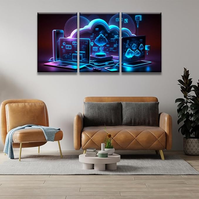 LSIUHWUWI Cloud Storage Communication with Computer Pictures for Bedroom Wall Decor 3 Panel Wall Art Posters and Prints Wall Hanging Decor Modern Home Decor Ready to Hang 16x24inchx3