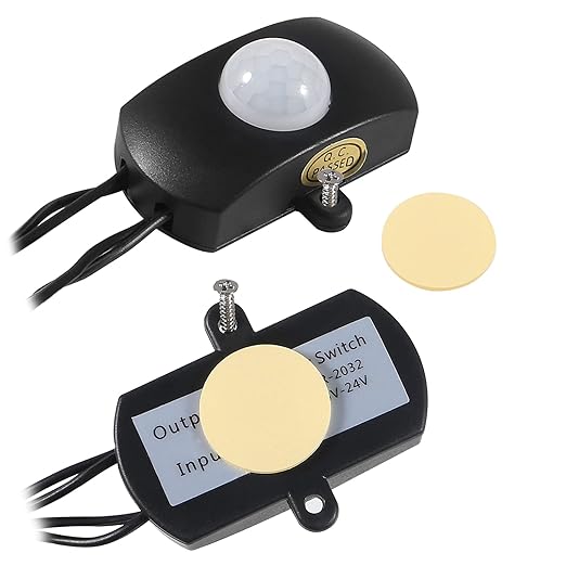 2PCS Mini Pir Motion Sensor Switch, DC 5-24V Auto PIR Infrared Motion Sensor Detector LED Light Strip Switch 5.5 DC Plug for DIY LED Lighting, Light Sensor, Time & Distance Adjustable (Black & White)