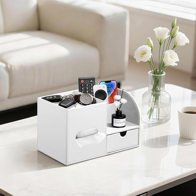 Leather Nightstand Organizer with Tissue Holder,White Square Tissue Box Cover with Organizer, Decorative Modern Facial Paper Storage Box for Bathroom Living Room Vanity Table Countertop Office