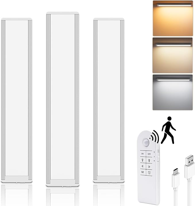 AIBOO Under Counter Lights, 1800mAh Rechargeable Gun Safe Lights Motion Sensor Lights,3 Pack 8 inch Under Cabinet Lighting,3 Color Temperatures Magnetic Closet Lights for Kitchen, Stairs,Wardrobe