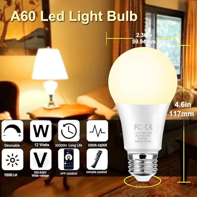 GRV 12W A60 Smart Light Bulb with a 2.4GHz Remote Control,Color Changing Led Bulb,Stepless Dimmable 2700-6500K,100W Incandescent Lamp Equivalent,1000LM CRI>80,E26 Base,Home Decor,1 Bulb & Remote