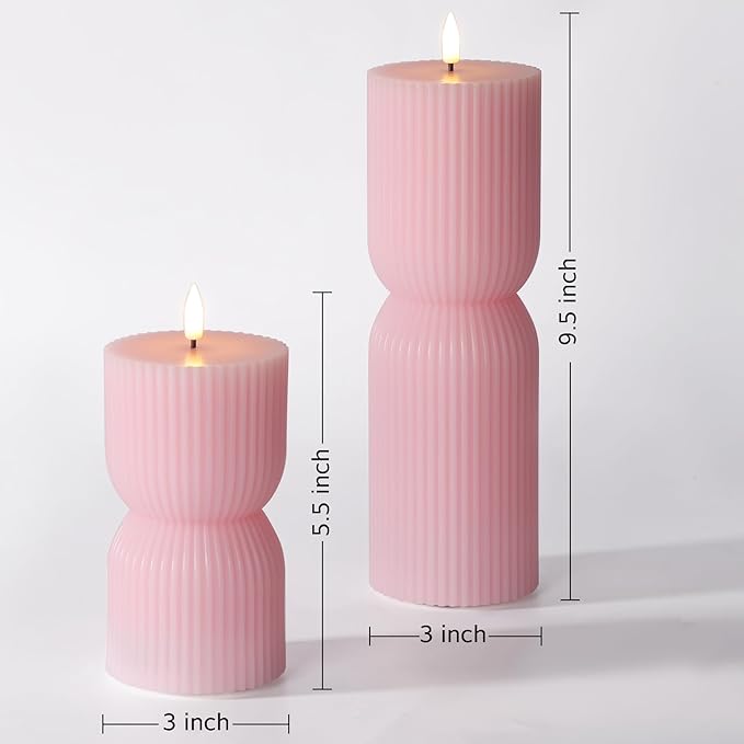 Pink Ribbed Flameless Pillar Candles with Remote, Flickering LED Candles Battery Operated Real Wax Set of 2