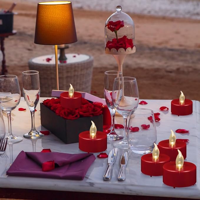 Flameless LED Tea Light Candles, Battery Operated Flickering Electric Fake Candles Bulk, 24 Pack Powered Votive Tealights Long Lasting 200H+ Bright Red Lamp for Seasonal & Festive Gift Decoration