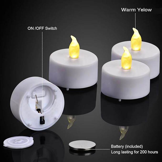 Battery Operated Flameless Tea Lights : 24PACK LED Electric Candles Lamp Realistic and Bright Flickering Holiday Gift Long Lasting for Birthday Wedding Party Celebrations Decoration Warm Yellow