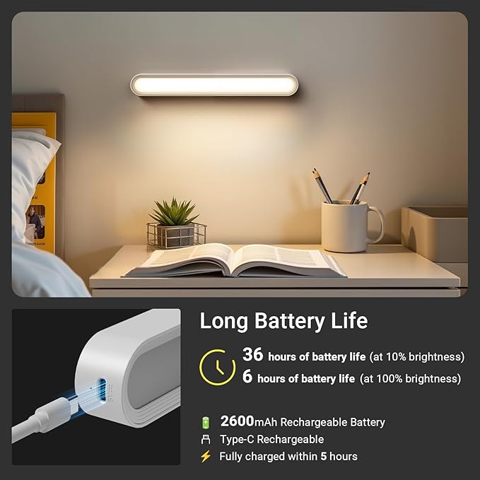 Under Cabinet Lighting, 2600mAh Rechargeable Mirror Light, 3 Colors Adjustable Magnetic Dimmable Closet Lights with Battery Level Display, Wireless Under Counter Lights for Kitchen, Bedside