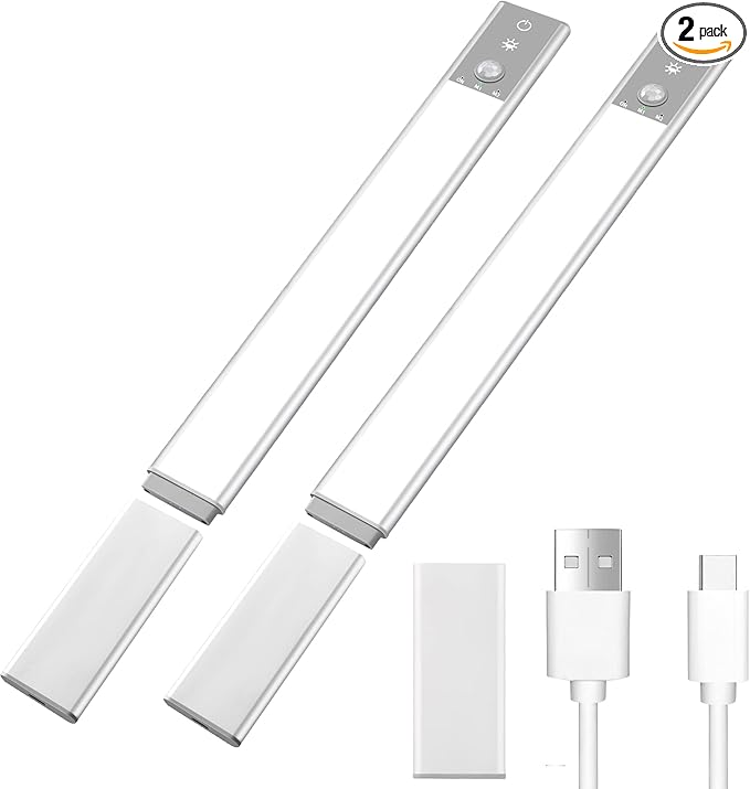 2 Pack Wireless Motion Sensor Under Cabinet Lights with Detachable Rechargeable Battery,98 LED Counter Closet Lighting Strip,3 Dimmable Colors,4-Level Brightness Adjustable,Touch Control & Ultra