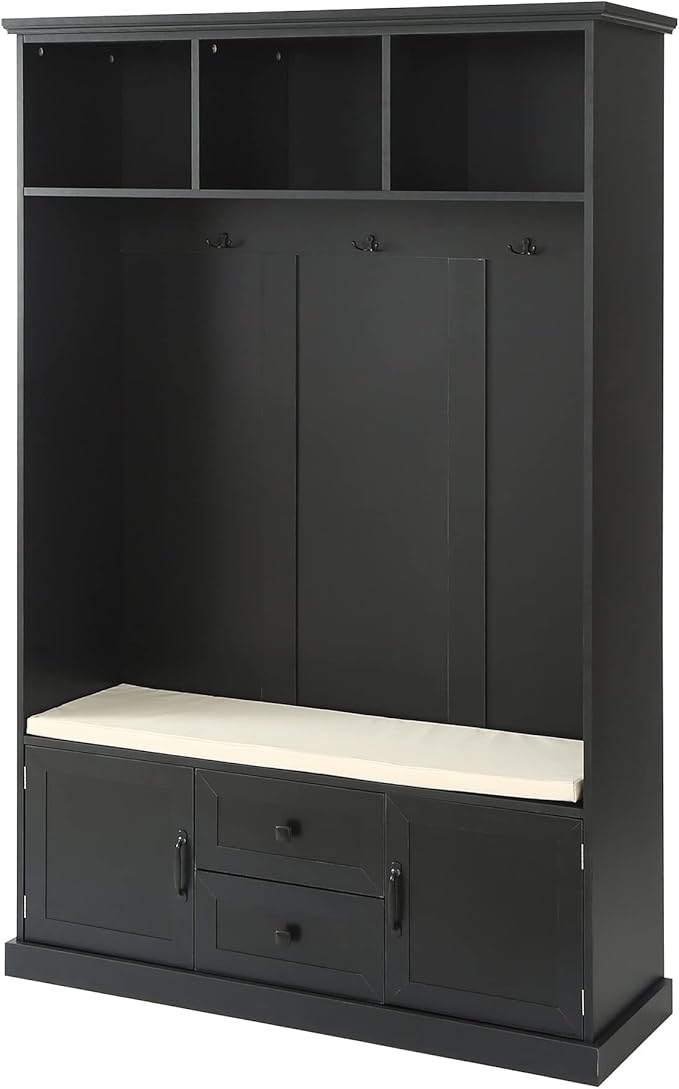 RUNNA Wooden 3-in-1 Hall Tree with 2 Cabinet and 2 Drawers,3 Open Shelves and 3 Hooks,Coat Hanger and Storage Bench,for Livingroom Hallway Entryway Use (Black@Hanger)