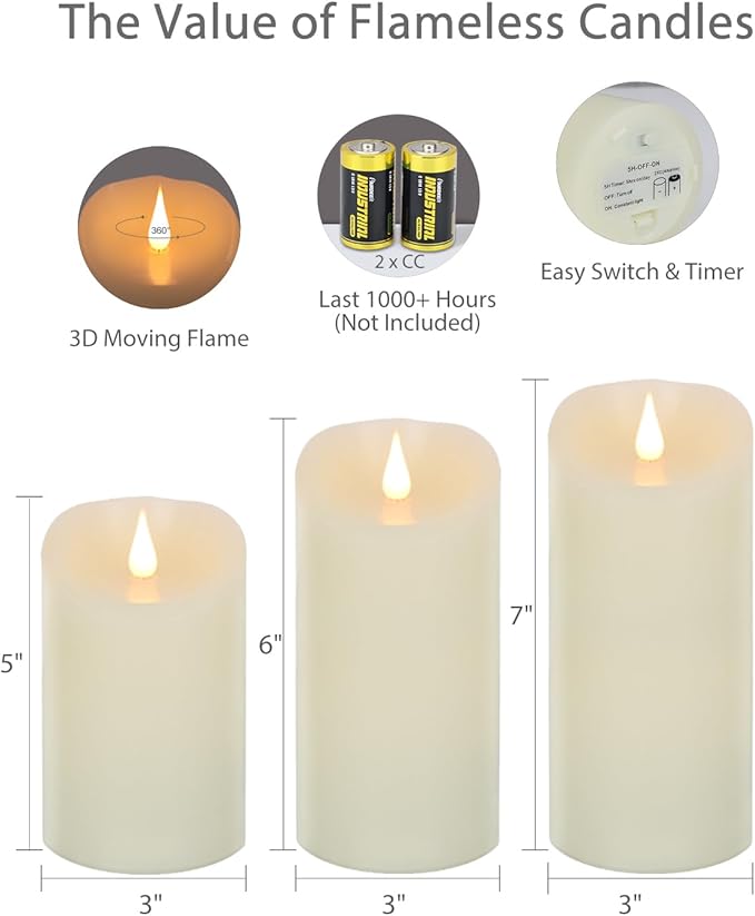 Flameless Candles Flickering 3D Moving Flame, Last 1000+ Hours Battery Operated Candles with Remote Timer, Set of 3 Ivory Real Wax Electric LED Pillar Candles for Home Wedding Decoration