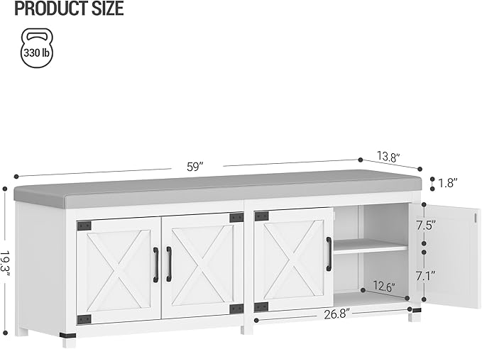 Shoe Storage Bench, 2 Tier Shoe Bench with Padded Seat Cushion & 4 Barn Doors, 59" Entryway Bench with Adjustable Shelf, Farmhouse Shoe Cabinet for Living Room, Bedroom, White SB31503GY