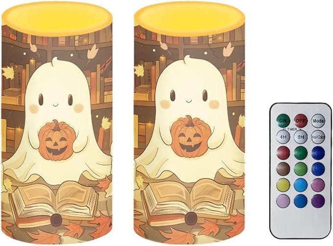 Ghost Pumpkin Battery Candles with Remote Control Flameless Flickering LED Candles for Autumn Thanksgiving Fall Decor Harvest Halloween Party Dining Room Table Centerpiece