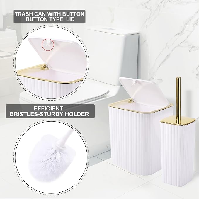 XLHOMO Bathroom Accessories Set - Gorgeous Bathroom Set, 28PC White Bathroom Accessory Set, Shower Curtain with 5PC Adhesive Corner Shower Caddy Hanging, Toilet Brush, Trash Can & Soap Dispenser