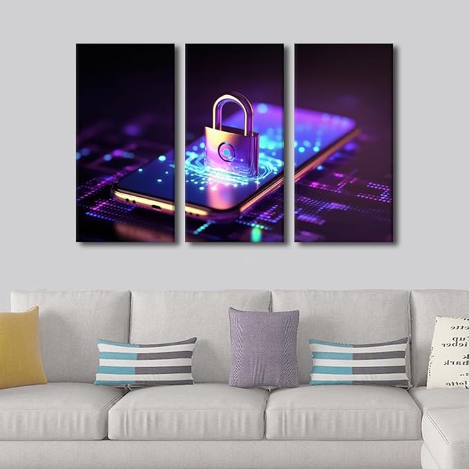 TUMOVO Contemporary Wall Decor 3 Panels Modern Wall Art Cyber Security and Data Protection Concept Pictures Print on Canvas for Home Wall Decorations Gallery-Wrapped Ready to Hang, 42" Wx28 H