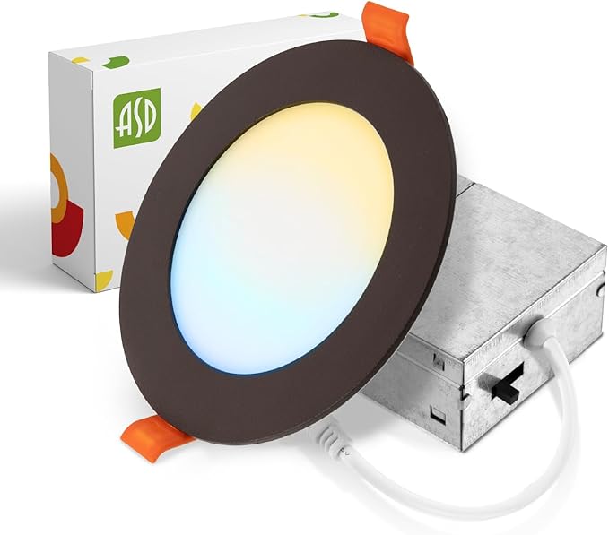 ASD 1 Pack LED Recessed Lighting 4 Inch 12W, 5 CCT 2700K-5000K CRI90+, IC Rated Ultra Thin Dimmable Ceiling Lights with J Box, Canless Wafer Downlight, Round Slim Panel Light, UL Listed, Bronze