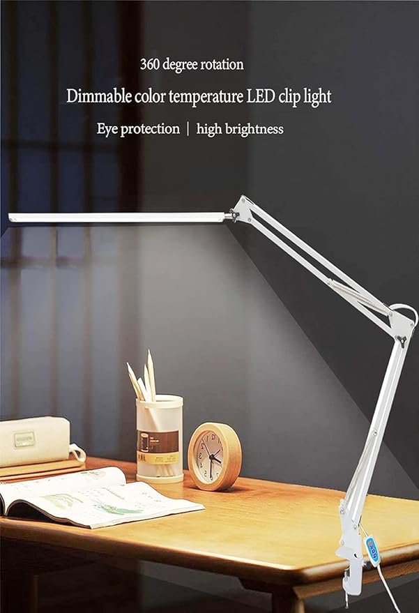 AVIMYA LED Desk Lamp,Adjustable Swing Arm Desk Lamp with Clamp,Dimmable Desk Light Eye-Care Table Light, Memory Function, 5 Color Modes, 7-Level Brightness Table Lamp for Home, Office, Study, Reading