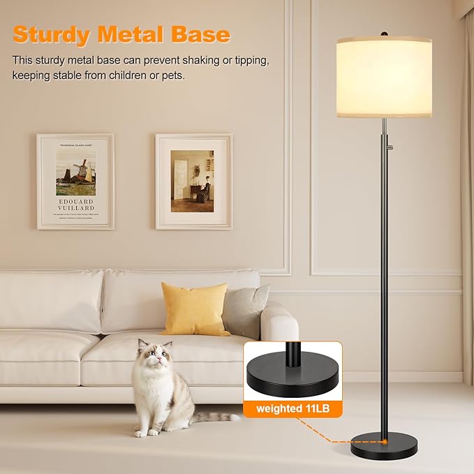 Nintiue 【Upgraded】 Dimmable Floor Lamp for Living Room, 11W LED Bulb Included, Modern Standing Lamp, Tall Pole Light with Linen Shade for Bedroom Reading Office Corner Nursery-Black