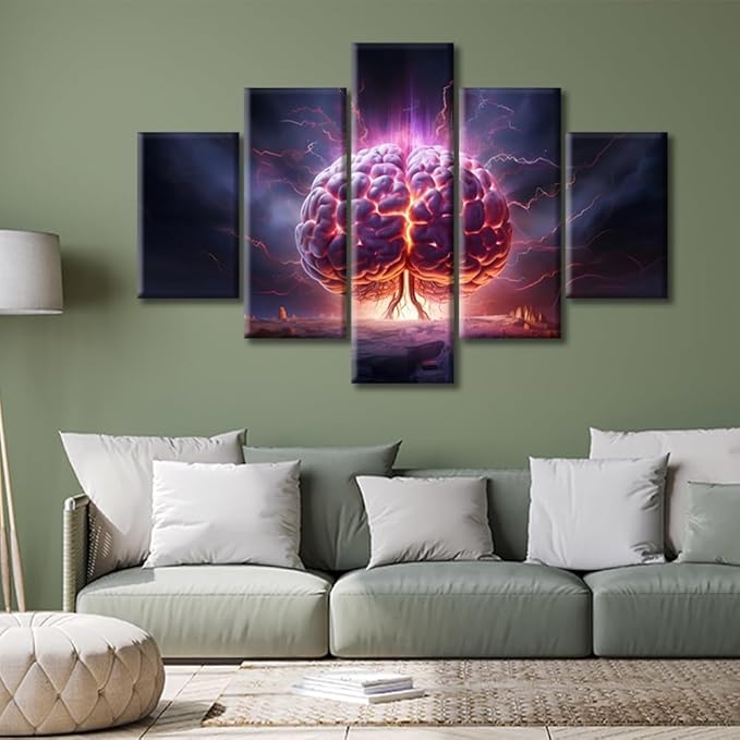 5 Panels Human Brain Canvas Wall Art Book Paintings Prints on Canvas Abstract Human Brain Modern Artwork Pictures for Living Room Bedroom Framed Ready to Hang, (60"Wx40"H)