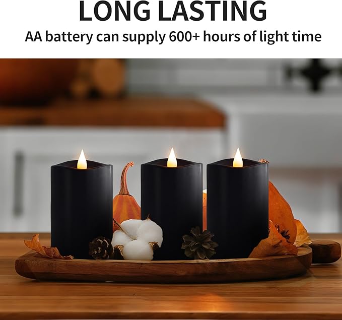 3x5 Flickering Flameless Candles Set of 3, 2AA Battery Life 600 Hours Battery Candles Flickering with Timer,5 inch Flameless Candles with Remote for Indoor/Outdoor, Black