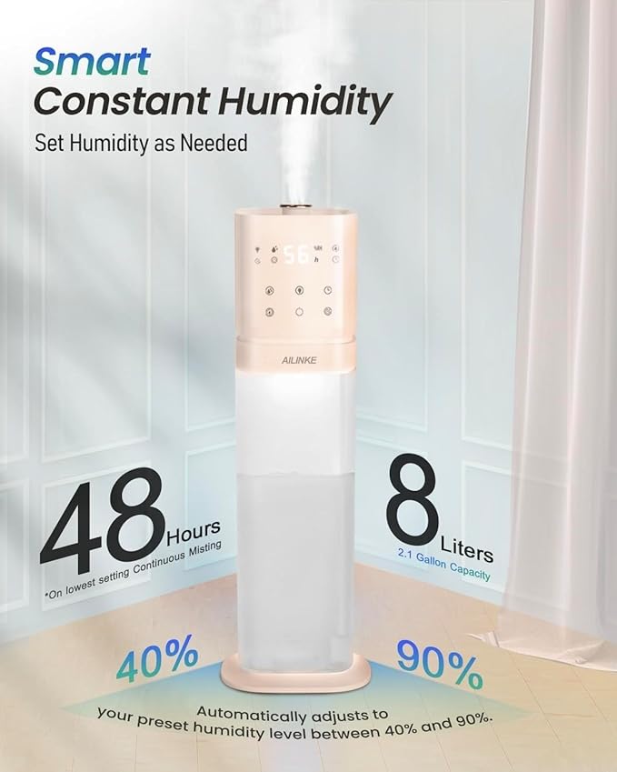 Smart Humidifier Large Room, 2.1Gal/8L Humidifiers for Bedroom with Extended Tube&Night Light, Whole House Cool Mist Humidifiers, WIFI App&Voice Control, Home/Kids/Baby, Pale Pink