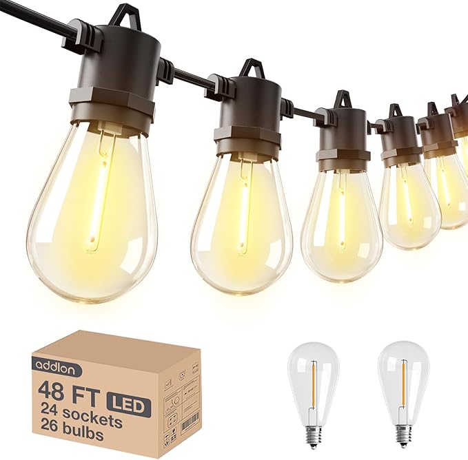 addlon 48FT(2FT Space) LED Outdoor String Lights with 24 Edison Shatterproof Bulbs, Heavy-Duty and Weatherproof Strand, Commercial Grade Patio Lights, Decorative for Garden or Patio, Black