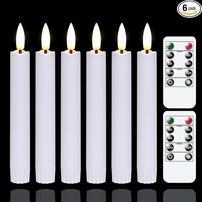 Battery Operated Flameless Taper Candles with Two Remote Timer, 6.4" LED 3D-Wick Window Candles, Flickering Long-Lasting Warm Light Electric Pack of 6 Flameless Candlesticks (0.78" Dia, White)