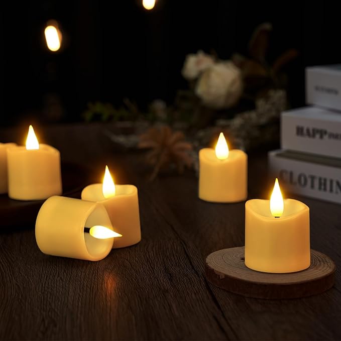 IMAGE 12-Pack Rechargeable Tea Lights Candles with Timer & Remote, Realistic 3D Flickering LED Votive Candles Realistic 3D Flickering LED Votive Candles Fall Wedding Table Centerpieces(2.1”x 1.5”)