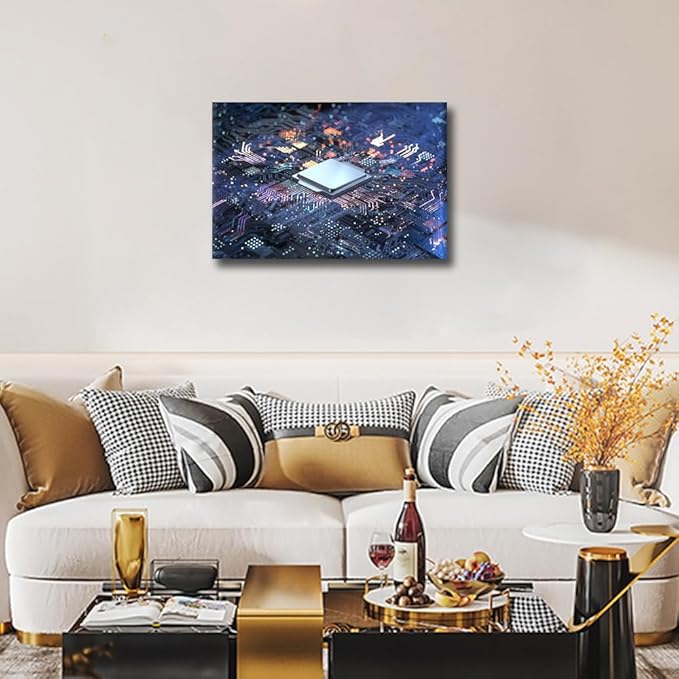 TUMOVO Wall Art for Living Room CPU Concept Canvas Wall Art Circuit Board Contemporary Wall Art Posters and Prints Glowing CPU Modern Artwork Ready to Hang for Bedroom Office, 18x12in