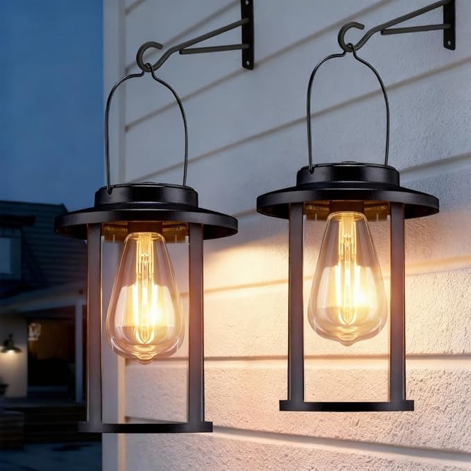 Larekook 2 Pack Solar Lanterns Outdoor Waterproof,High Brightness Hanging Solar Lights for Outside with Wall Mount Kit,Outdoor Decorative Lantern for Garden Patio Garage Porch Yard Decor