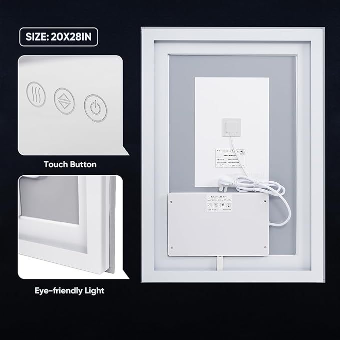 LED Bathroom Mirror, 28"x20" with Frontlit and Backlit Anti-Fog Mirror with Lights LED Vanity Mirror for Bathroom 3 Colors Temperature & Dimmable Bathroom Mirror with HD Tempered Glass