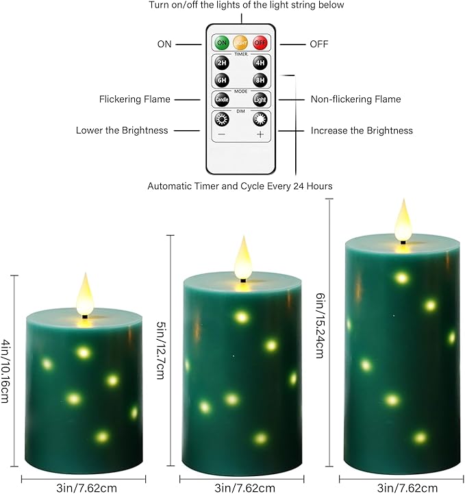 Flameless Candles with Embedded Star String, Real Wax Battery Operated Candles with Remote Timer, Flickering Pillar LED Candle Set for Home Decor Romantic Ambiance （Green）