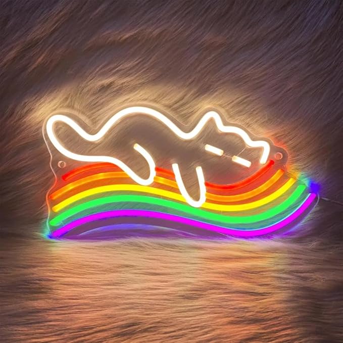 Cat Sleeping On Rainbow Neon Sign Rainbow Cat Neon Light Cute Cat LED Light up Sign for Wall Decor Preppy Kids Girls Room Wedding Birthday Party