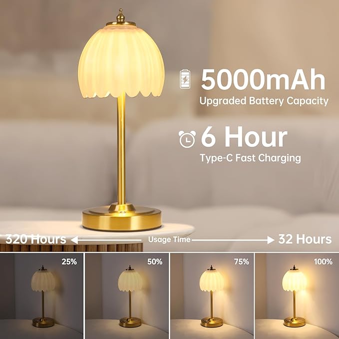 Set of 2 Tulip Table Lamp with 5000mAh Battery & Touch Control, Cordless Table Lamp with 3 Colors, Dimmable Rechargeable Table Lamps for Bedroom, Living Room, Entryways (White Tulip)