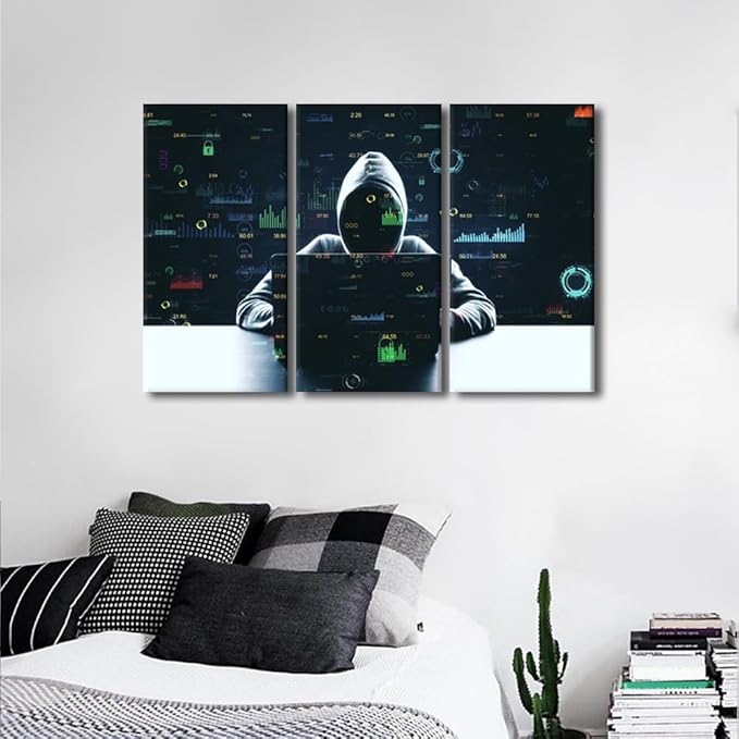 TUMOVO AI Big Data Posters Canvas Print Hacker Malware Art Prints 3 Pieces Wall Art Hacker Paintings Pictures Prints on Canvas Giclee Artwork Framed Ready to Hang Posters and Prints, 36" Wx24 H