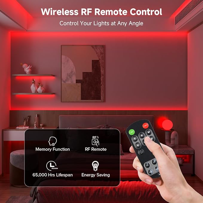 BTF-LIGHTING COB LED Strip Light 12V 16.4FT UL Listed, Red Color Dimmable High Density Flexible Tape Light with RF Remote & ETL Power Adapter, Ultra Bright for Bedroom Kitchen Home Indoor Lighting