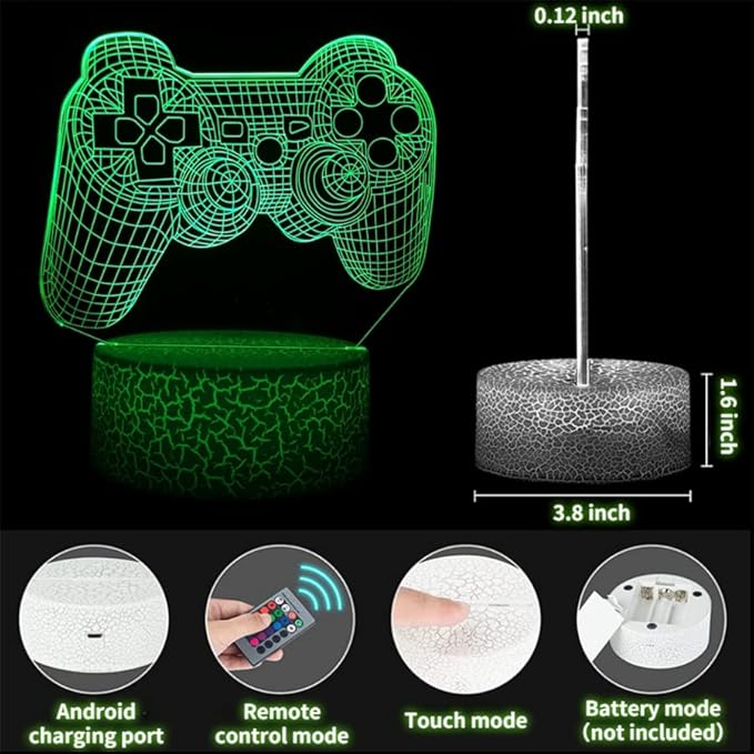 3D Gamepad Night Light with 4 Patterns 3D Hologram Illusion, Dimmable Remote Control, 16 Color Changing LED, Room Decor Earphone Bedside Desk Lamp, 3D Game Over Lamp for Game Lovers