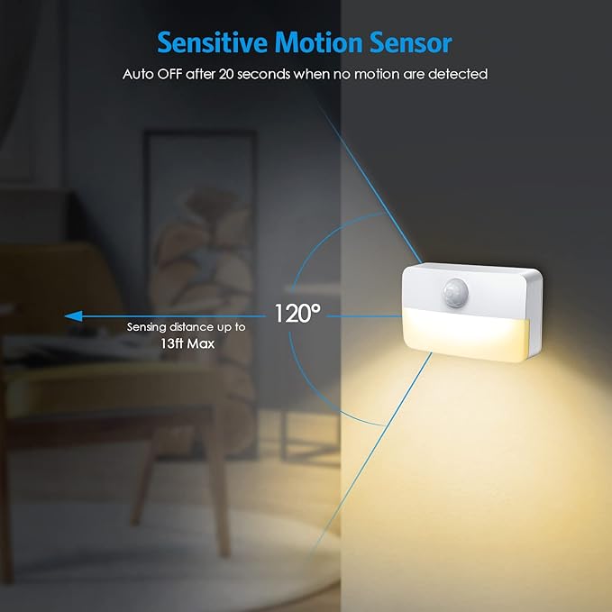 AMIR 12 Pack Motion Sensor Stair Lights for Indoor, Battery-Operated LED Night Light, 40 Lumen 3000K, Cordless Closet Light, Tap Light, Safe Lights for Stairs, Hallway, Bathroom, Cabinet, Kitchen