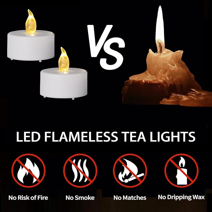 Tea Lights Flameless Battery Operated Candles-12Pack LED Electric Flickering Votive Candle Long Lasting 200 Hours, Realistic and Bright for Seasonal Festive Celebrations Decoration Warm Yellow