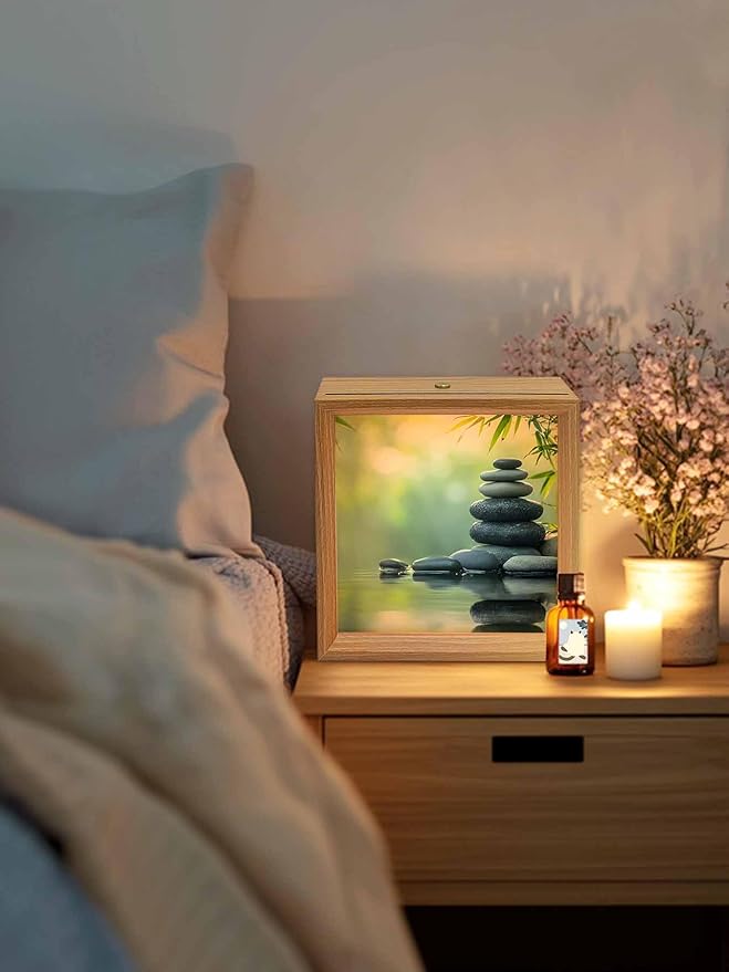Wood Night Light Box 4.5x4.5in,Zen Meditation Stone Lake Table Lights Wooden Picture Frame with USB Rechargeable Touch LED Lights for Home Decor Desktop Display,Nature Landscape Still Life